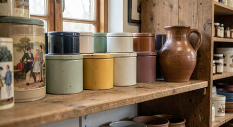 A shelf of old advertising tins and a lithographed sign above a wooden counter in a country store.
