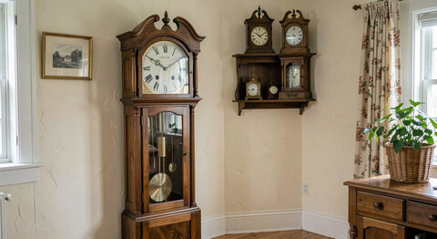 A tall case clock and two shelf clocks standing against a cream plaster wall in a Vermont farmhouse parlor.