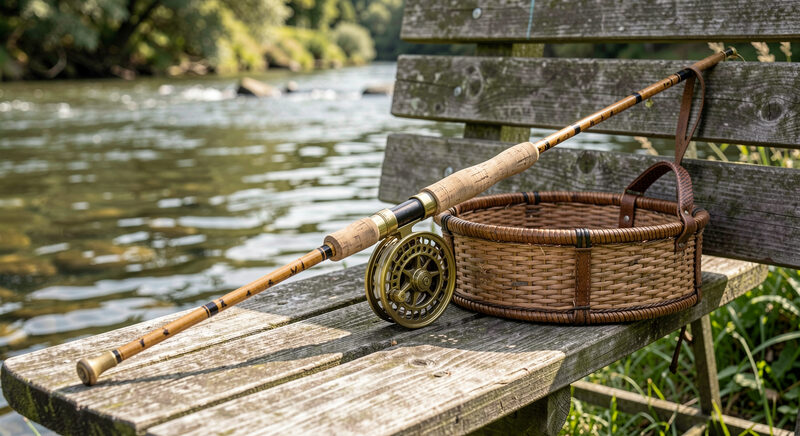 A split cane fly rod, brass reel and woven creel resting on a weathered wooden bench beside a river.