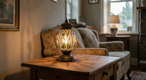 A leaded glass table lamp glowing on a pine side table in a dim village parlor.