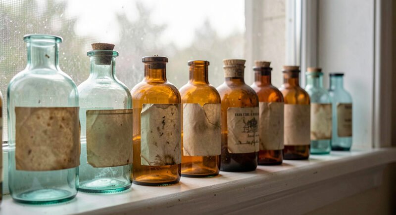A shelf of antique glass medicine bottles in aqua and amber, some with faded paper labels, backlit on a windowsill.