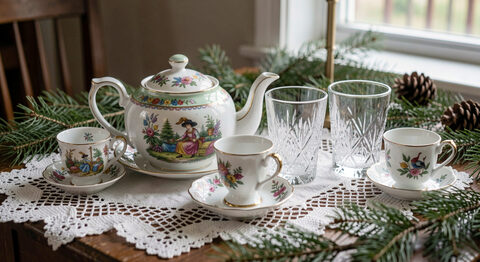 A painted porcelain tea set and pressed glass tumblers arranged on a lace cloth on a pine table.