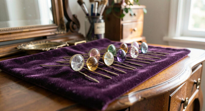 A row of ornate hatpins with glass and metal heads laid across a velvet cloth on a dressing table.