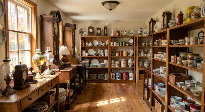 A Vermont village antique shop interior in autumn light with old clocks, glass lamps, tins and porcelain on wooden shelves