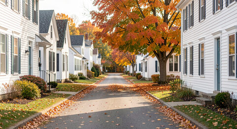 A quiet Vermont village street in autumn with white clapboard houses and a maple tree in colour