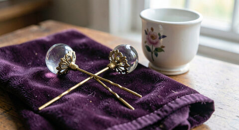 A pair of ornate hatpins with glass heads on a velvet cloth beside a small porcelain holder