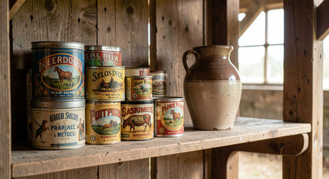 A wooden shelf of old painted advertising tins and a stoneware jug in a barn interior