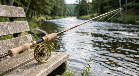 A split cane fly rod and a brass reel on a weathered wooden bench beside a Vermont stream