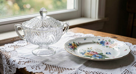 A pressed glass compote and a painted porcelain plate on a lace cloth near a window