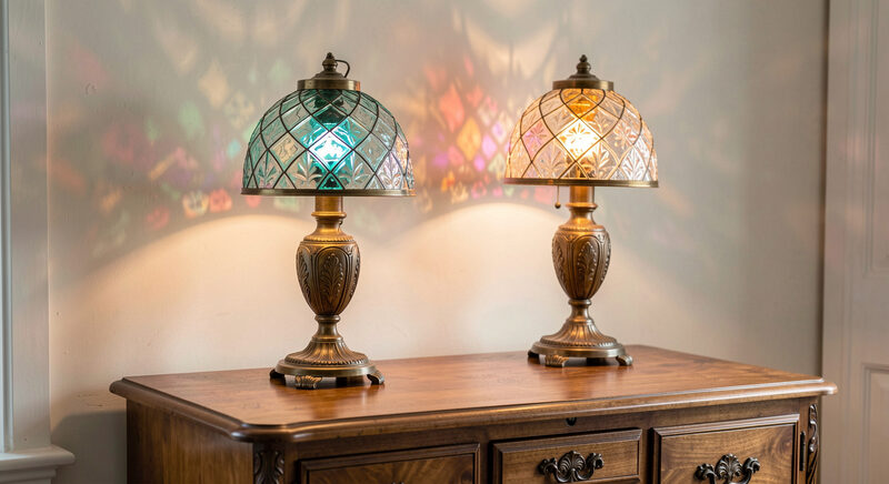 Two antique table lamps with patterned glass shades lit on a sideboard, one casting a coloured glow on the wall.