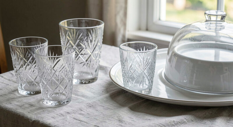 Patterned pressed glass tumblers and a covered dish catching window light on a linen cloth.